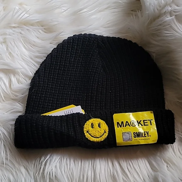 Smiley x Market Knitted Black Happy Face Logo Beanie Hat Happy Smiley Face Emoji Embroidery Design Beanie | Emote IRL main image 3